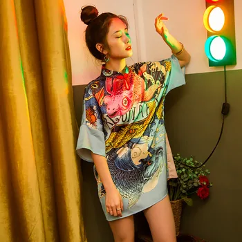 Cheerart Sommeren Vintage Mini Kjole Kvinder Mandarin Collar Kinesisk Stil Fisk Udskrive En Linje Kort Kjole 2019 Tøj