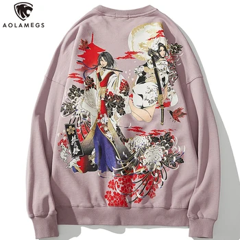 Aolamegs Sweatshirt Mænd Japansk Retro Samurai Print Harajuku Pullover Mode Afslappet Baggy Hættetrøjer Hip Hop Streetwear Efteråret