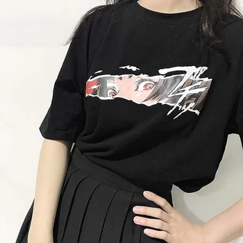 HAHAYULE koreansk Mode Ulzzang Animationsfilm Ansigt Sort T-Shirt Harajuku Stil Oversize Tee Gotiske Grunge Tøj
