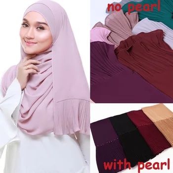 Nye almindeligt tørklæde Patchwork boble chiffon Tørklæde Rynke hijab pearl Tørklæde syning Lyddæmper muslimske tørklæder
