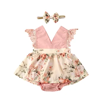 2020 Nyfødte Baby Piger Heldragt uden Ærmer V-Hals Prinsesse Jumpsuits Hovedbøjle 2stk Spædbarn Blomstret Tøj