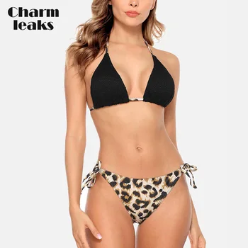 Charmleaks Kvinder Bikini Sæt Leopard Print Badedragt Halterneck Badetøj Strappy Side Forbandt Sexet Badedragt Push Up Badetøj