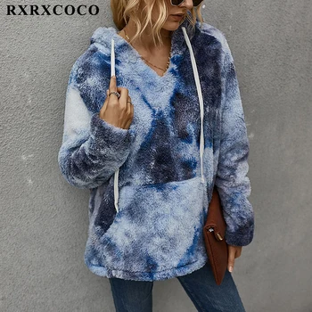 RXRXCOCO Tie-Dye Print Hoodie med Lange Ærmer Kvinder Hættetrøjer Oversize Dame Toppe Imiteret Lam Uld Sweatshirts Hooded Sweatshirt