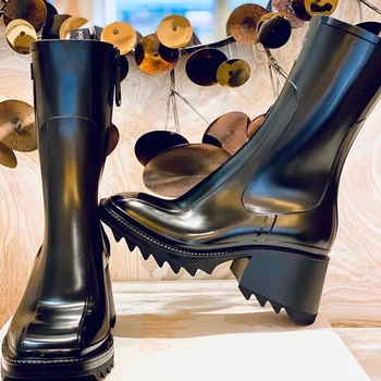 Nye Ankel Støvler Kvinder Tykkere Platform Chelsea Støvler Firkantet Tå Sort Læder Vinterstøvler Til Kvinder Side Lynlås Botines Mujer 2021