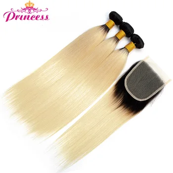 Smukke Prinsesse 1b/613 Blonde Bundter Med Lukning menneskehår Brasilianske Straight Hair 3 Bundter Med Lace Lukning Non-Remy