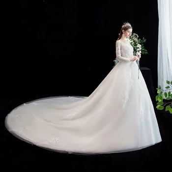 Bryllup Kjole 2021 Luksus Fuld Ærmer Sexet-V-hals Domstol Tog Bolden Kjole Prinsesse Blonder brudekjoler Custom Size