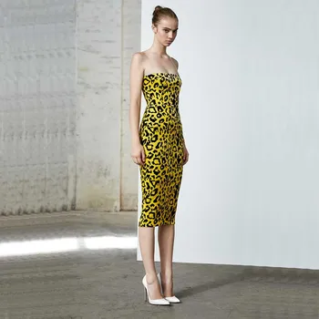 Engros 2020 kvindens Gul kjole stropløs Leopard Sød og sexet temperament celebrity boutique-cocktail party dress