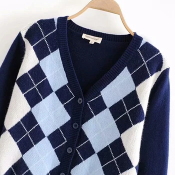 Kvinder Vintage Cardigan Kort Strikket Sweater Stilfulde Mode Geometrisk Mønster Med Lange Ærmer I Engelsk Stil Overtøj Chaqueta