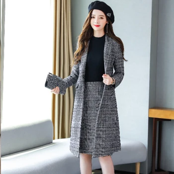 Kvinder er efterår og vinter newKorean version af plaid i det lange afsnit uld frakke pels taske hip nederdel, der passer til kvinder to-stykke