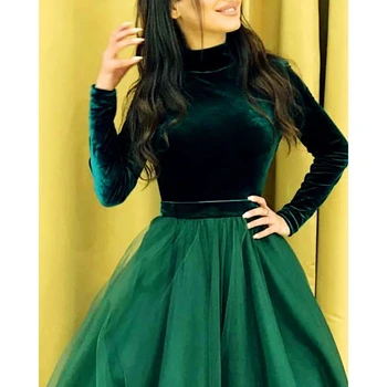2020 Lange Ærmer Muslimske Aften Kjole Med Høj Hals Grøn Blå Fløjl Islamiske Dubai Kaftan Saudi-Arabisk Boho Prom Dress