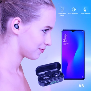 V8 Bluetooth-V5.0 Hovedtelefoner Trådløse TWS Headset Sport Earbuds LED ørepropper I-øret