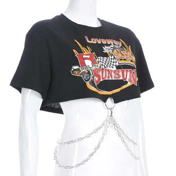 Sweetown Moto & Biker Punk Tshirt Kvinder Metal Kæde Patchwork Afslappet Oversize T-Shirt Med Korte Ærmer Smart Print Graphic Tee Shirt