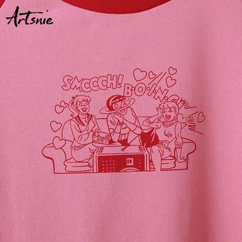 Artsnie casual streetwear t-shirt kvinder sommer o-hals, korte ærmer crop tops femme tegnefilm pink patchwork beskåret t-shirt mujer