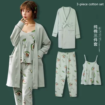 Avocado Print Pyjamas Kvinder Efteråret Ren Bomuld Natkjole Feminine Slynge Bomuld Home Service 3 Piece Suit Badeværelse med Bryst Pad