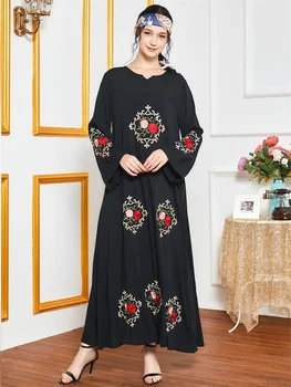Siskakia Falde 2020 Nye Etniske Broderede Lange Maxi Kjole Elegant Sort O-Hals Fuld Ærme Løs Plus Size Arabisk Muslimsk Tøj