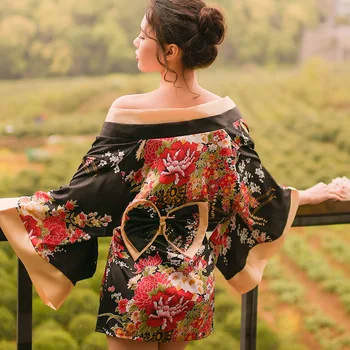 Sexet mousse Undertøj kimono tynd is silke løs nightdress midnat charme fristelsen dyb V-udskrivning Japansk kimono pyjamas