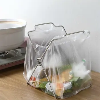 Rustfrit Stål Affaldssæk Hylde Rag Rack Sammenklappelig Køkken Trash Kan Hænge Plastpose Hylde Storage Rack