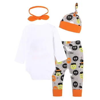 Nye stilarter 2018 hot sælger babytøj sæt smukke græskar udskrive lange ærmer sparkedragt + bukser + hat + pandebånd sæt 4stk