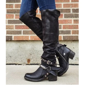 2020 Kvinder Vinteren Læder Punk style knæet støvler Vintage stud zip Kvinders støvler med bælte spænde Plus Size sko jki89