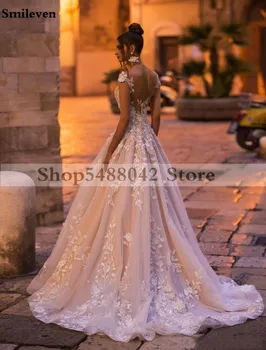 Smileven Princess Wedding Dress Cap En Linje 3D Blomster Blonder Kjoler til Brudens Applicerede Bryllup Kjoler, Rygløs Vestido De noiva