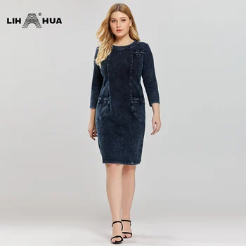 LIH HUA Kvinders Plus Size Fashion Denim Kjole med Høj Fleksibilitet Slim Fit Kjole Casual Kjole Nye strikkede denim