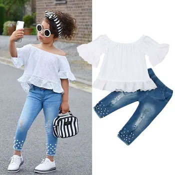 Børn Buksetrold Barn Baby Pige Tøj Sæt Hvide Toppe, T-shirt og Denim Lange Bukser Jeans Outfits Sæt 1-6 År