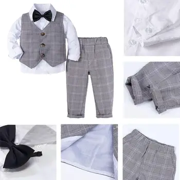 Drenge Bryllup Fødselsdag Tøj Baby Dåb Passer Barn Herre Fest Tøj Kids langærmet Med Bow Tie 3STK