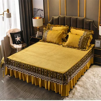 Crystal Velvet kantsyet bed cover 3stk Europæiske sengetæpper anti-slip ensfarvet velour madrasbetræk luksus kvalitet, multi-størrelse