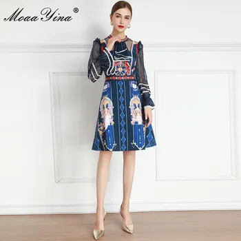 MoaaYina Fashion Designer kjole Foråret Kvinders Kjole Lace langærmet Stribe Vintage Print Kjoler