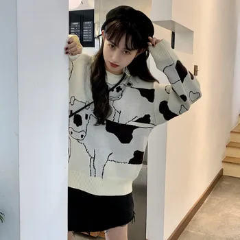 Vintage Casual Løs Lazy Cow Sweater Kvindelige koreanske Harajuku Kvinders Trøjer Japansk Kawaii Søde Tøj Til Kvinder