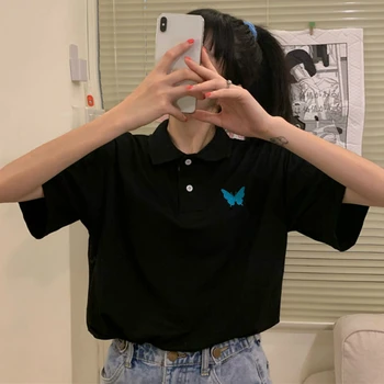 T-shirts Dame Sommer Turn-down Krave Enkelt Breasted Sommerfugl Broderi koreansk Stil Studerende Løs Preppy Pullover 2020