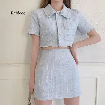 Sommeren Kvindelige Elegant Nederdel Passer til 2020 Nye Mode Tweed To delt Sæt Kvinder Afgrøde Top Mini Nederdel Sæt To Stykke blå Tøj