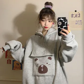 Sweatshirt Kvinder Hættetrøje Sweatshirts Kawaii Koreansk Stil Løs Hætte Store Lommer Ins Kvindelige Oversize Trøjer Med Lange Ærmer Toppe