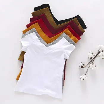 2019 Sommer T-shirt til Kvinder i Høj Kvalitet med V-Hals 5 Candy Farve Bomuld Grundlæggende Plain Simple T-Shirt Til damer Korte Ærmer Overdele