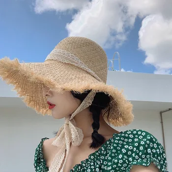 Strå hat kvindelige solid farve sommeren sammenklappelig fiskeren hat solhat solcreme sol hat
