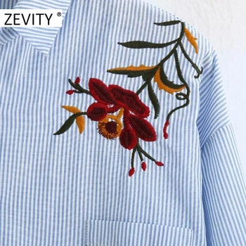 ZEVITY Nye kvinder vintage blomsterbroderier stribet print, smock bluse shirt kvinder kontor lommer roupas smart chemise toppe LS7176