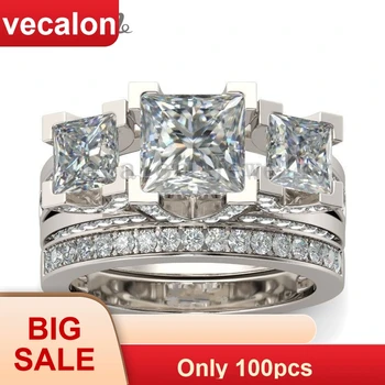 Vecalon Smykker Engagement ring Prinsesse cut Tre-sten AAAAA Zircon Cz 925 Sterling Sølv bryllup Band ring for kvinder