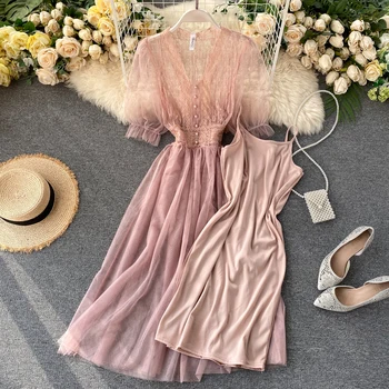 Ny 2020-Sommer Mesh Kjole Kvinder Slank Høj Talje For En Linje Tyl Kjoler Elegant V-Hals Patchwork Blonder Kjole Pink Lang Kjole Vestido