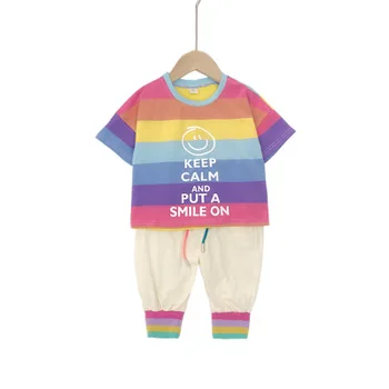 Børnetøj Sæt 2019 Mode Nye Baby Drenge og Piger Regnbuer T-Shirt+bukser 2stk Passer til Barn Casual Korte Ærmer Sæt