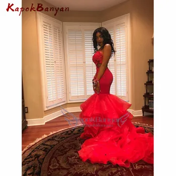 African Red Prom Kjoler Sexet Cutaway Sider Pynt Perler Differentieret Havfrue Kjole Til Aften I Sleeveless Black Girls Party Kjoler