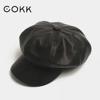 COKK Læder Cap, Hat Kvinder Efterår og Vinter Avisdrenge Cap Beret Femme Hatte Til Kvinder, Sorte Damer Mode Vintage Hatte Gorros Beret