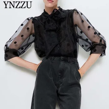 Kvinder oversize bluse med sløjfe sort 2019 Nye ankomst Organza Semi-sheer Kvindelige shirt Tre kvart ærme toppe YNZZU YT732