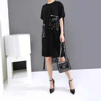 Japansk Stil Plus Size Kvinde Sommeren Black Straight Kjole Bånd Lomme Sequined Lommer Blonder Tilbage Midi Harajuku Kjole Robe 6148
