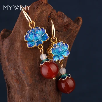 NYE MYWINY mode smykker Kobber smykker Cloisonne blomster vintage øreringe kvinder, Kinesiske vind natur sten