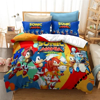 Anime-Sonic The Hedgehog Karakter 3d Bomuld Strøelse Sæt Duvet Cover Sæt med Pudebetræk Europa/USA/Australien Størrelsen Gratis Fragt