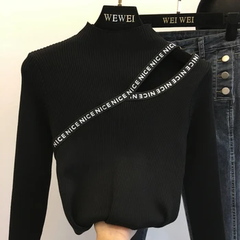 2019 Nye Forår og Efterår Kvinder er Høj-hals Sweater Kvindelige Åben-skulder Strikkes Grundlæggende Shirt Afslappet langærmet Strik