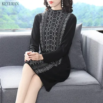 Strikket Kjole Kvinder 2020 Jacquard Koreanske Smarte Turtleneck Sweater Kjoler Justerbar Talje Lange Ærmer Afslappet Og Elegant Kjole Robe