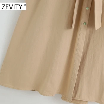 Zevity Kvinder simpelthen solid farve breasted shirt kjole kontor dame korte ærmer bue bandt vinger vestidos part midi Kjoler DS4200
