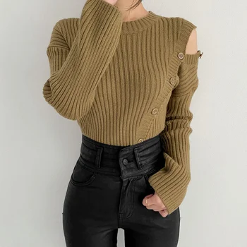 Gagaok kvinder Kontor Dame strikket sweater 2020 foråret efteråret nye O-Hals med Fuld-Knappen trøjer Solid slanke, smarte retro pullover k4002