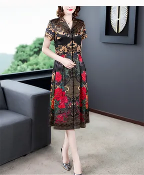 2020 ny sommerkjole til kvinder længe Efterligning silke kort-langærmet kjole udskrivning dame elegant løs Over knæet Kinesisk stil
